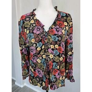 Loco Linda Floral Ruffled Button Down VNeck Blouse Sz XL